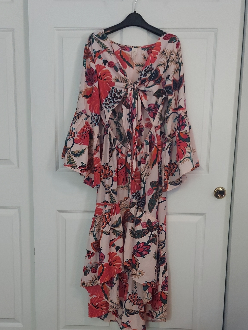 Raga Tropical Floral Cutout Tie Front Maxi Dress Bell Sleeve